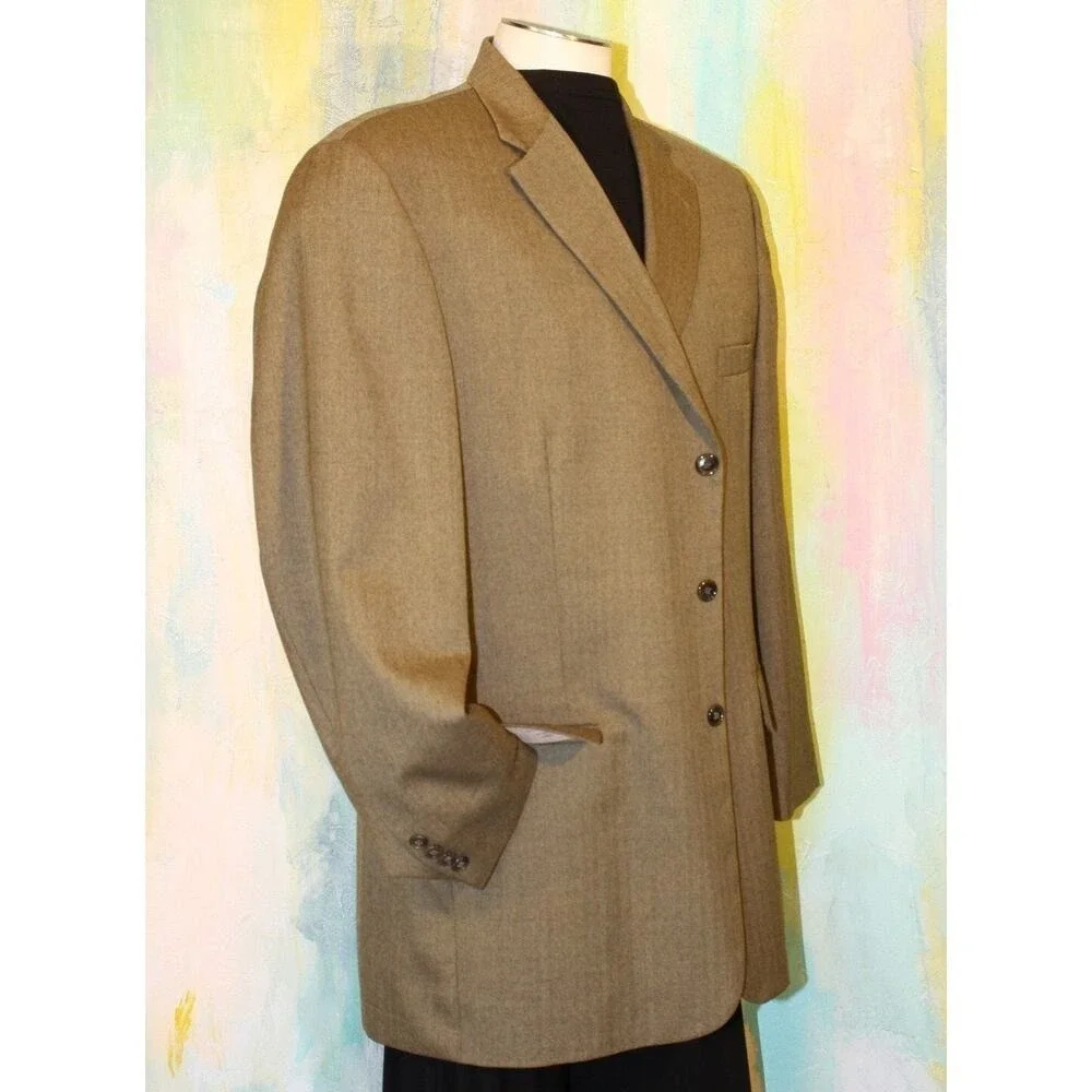 46 HAGGAR Beige Brown Blazer Mini Herringbone Academia Jacket Sport Coat TAN 46L